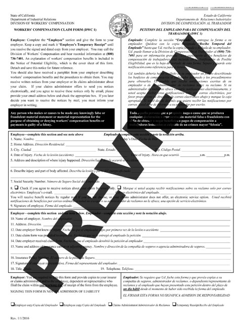 Workers' Compensation Claim Form - DWC 1 - HRCalifornia