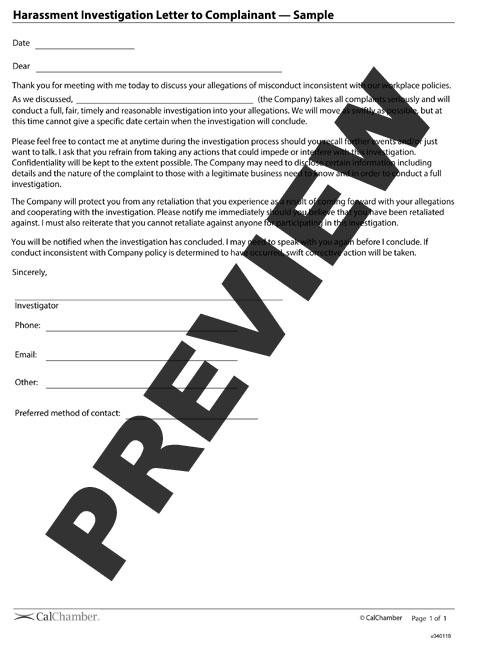 Harassment Investigation Letter to Complainant - HRCalifornia